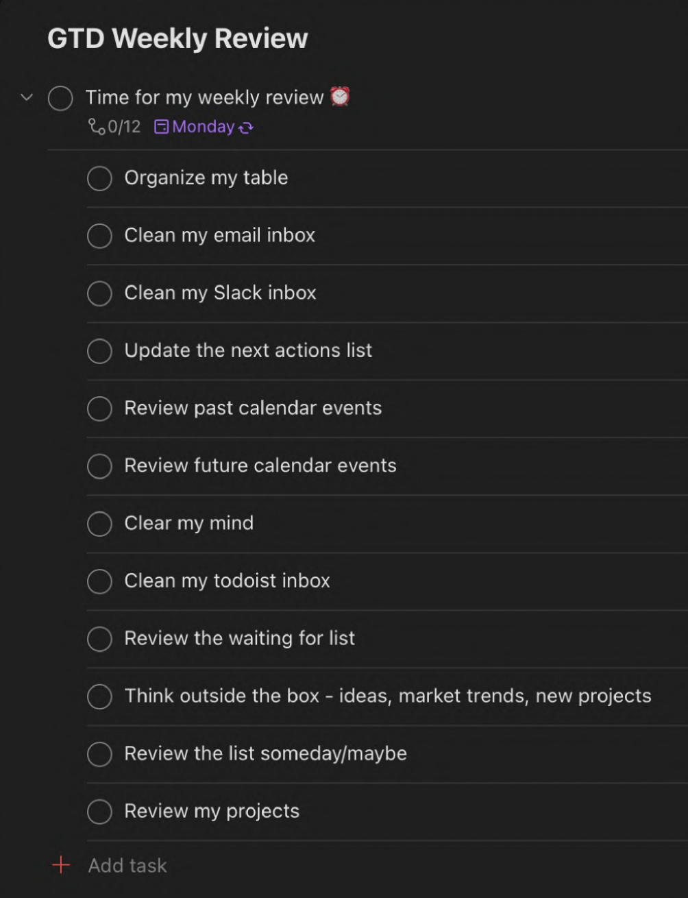 A list of tasks under the title "GTD Weekly Review"